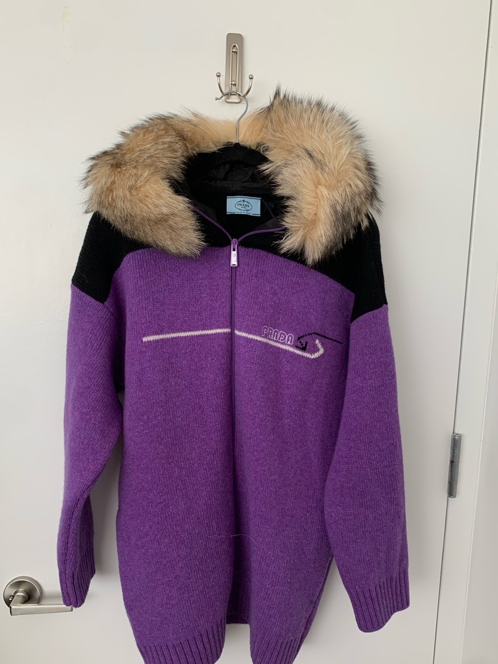 Prada virgin wool zip up cardigan coat fox fur hood amethyst NWT